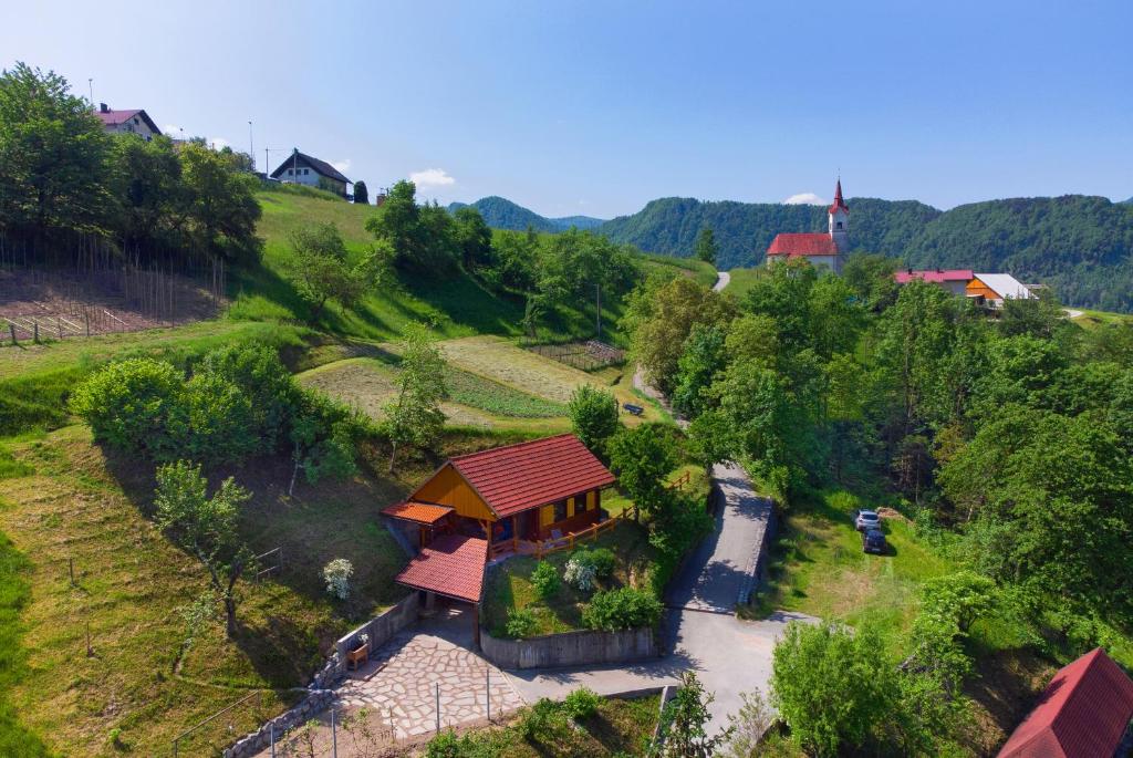 an overhead view of a house on a hill at Bomas house in Cerkno