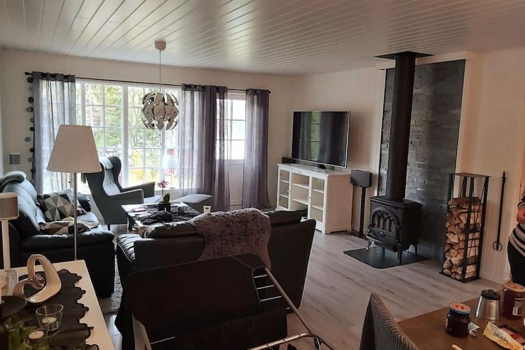 een woonkamer met een bank en een open haard bij Frittliggende hytte ved Indalsälven i Duved - Åre in Duved