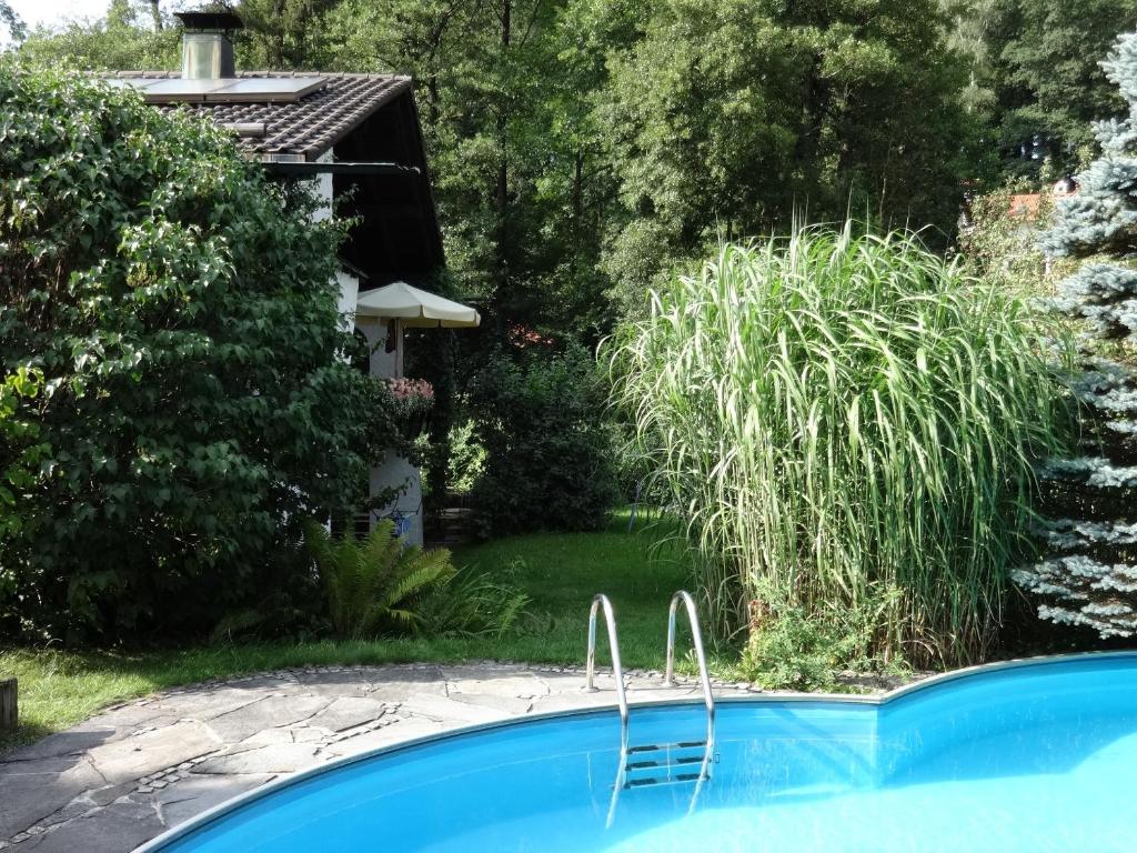 a swimming pool in a garden with a house at Gästehaus Ehrlich in Prien am Chiemsee