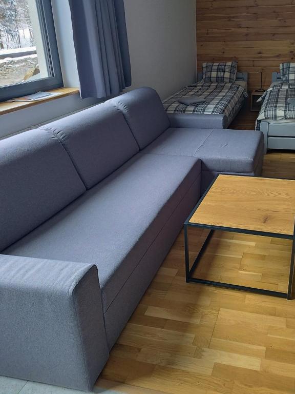 Gray sectional sofa with wooden coffee table, twin beds and window in cozy studio room.