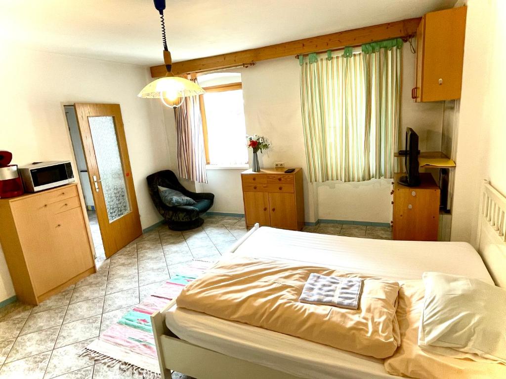 1 dormitorio con 1 cama grande y cocina en Apartment & Monteurzimmer, en Viena