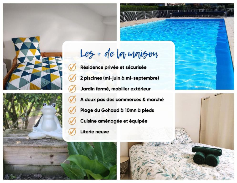 uma colagem de fotos com uma piscina e um panfleto em Charmante maison de vacances, 4P, piscines, proche Gohaud em Saint-Michel-Chef-Chef