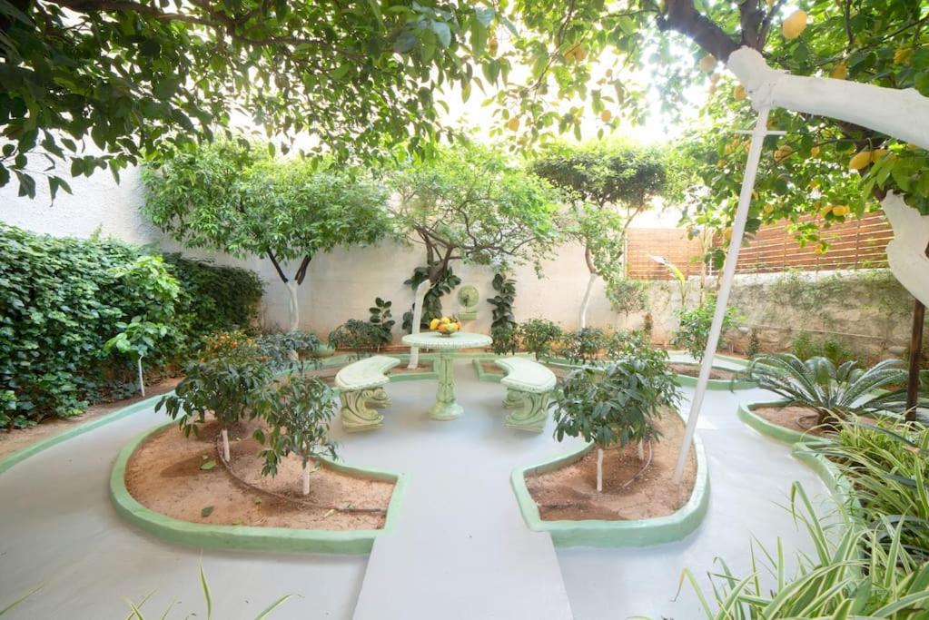 un jardín con mesa y árboles. en LUXURY AND COMFORTABLE VILLA, en Atenas