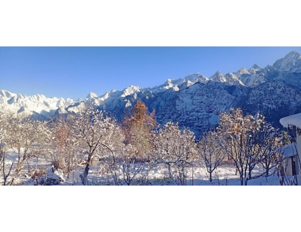 a snow covered mountain range with trees in the foreground at Hotel Mud House Auli, Joshimath, in Joshīmath