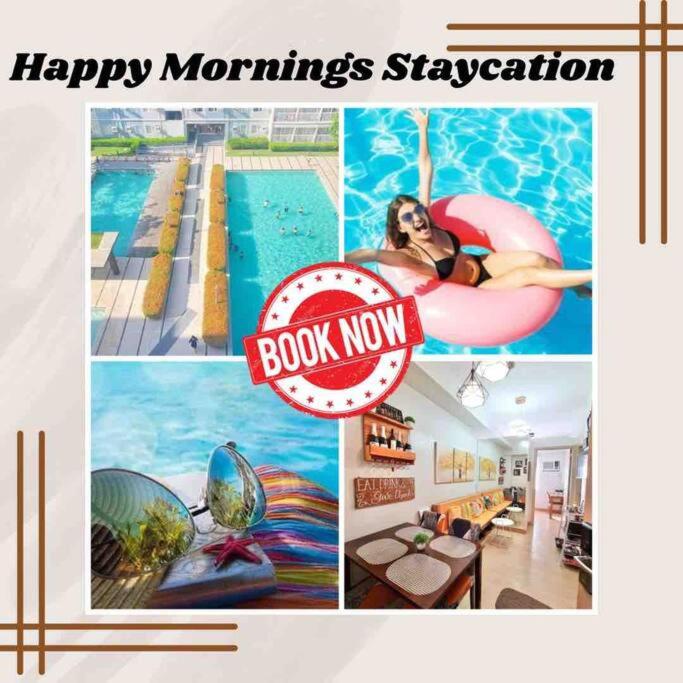a collage of pictures of a swimming pool and a sign at Happy Mornings Staycation at Trees Residences QC in Manila