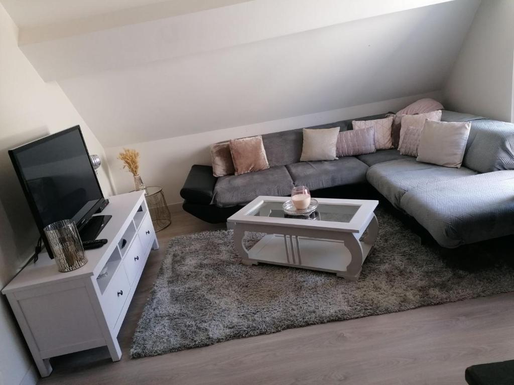 a living room with a couch and a tv at Au Fil de l'Eau in Mouroux