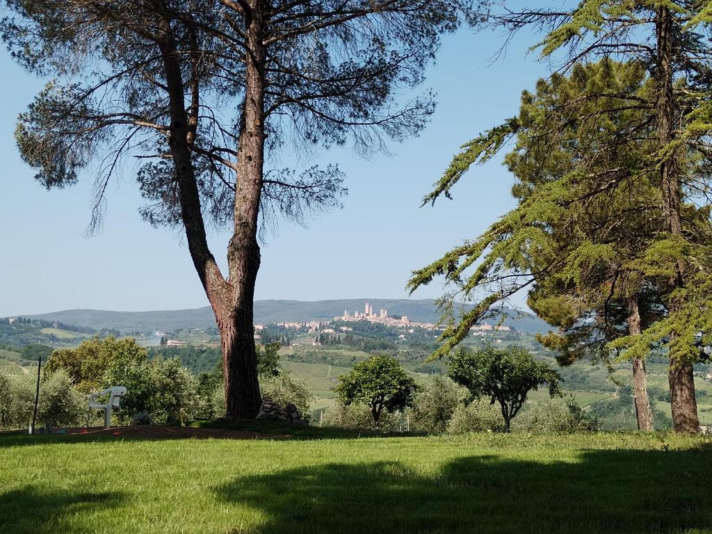 a green field with trees and a city in the distance at Agriturismo Poggio Rotondo in San Gimignano