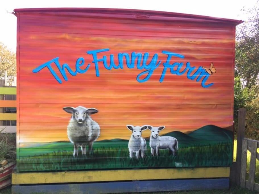 a painting of three sheep on the side of ashed at Berty the campervan in Carbis Bay