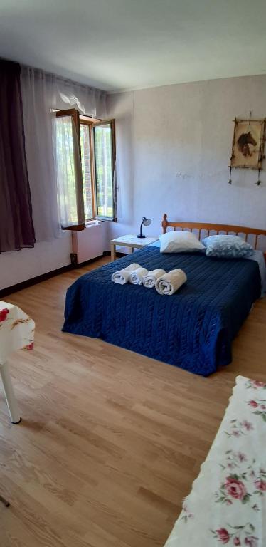 a bedroom with a bed with a blue comforter at Chez Josie, chambre 18mCarre dans une longère Normande in Francheville