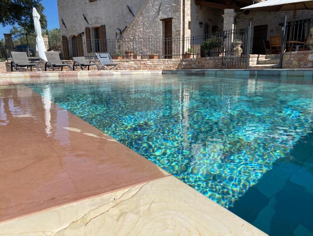 a swimming pool with blue water in front of a building at Domus Clara in Assisi