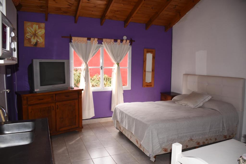 a bedroom with purple walls and a bed and a tv at Complejo Las Pinochas in Villa Ventana