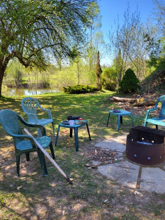 a group of chairs and a fire pit in the grass at East Pond View Campsite in Clinton