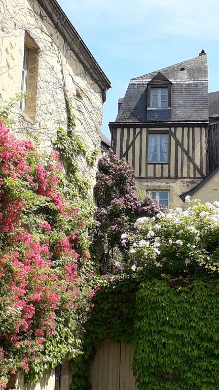 un bâtiment avec des fleurs sur son côté dans l'établissement Petite Maison Romantique Coeur Historique Plantagenet, au calme, au Mans