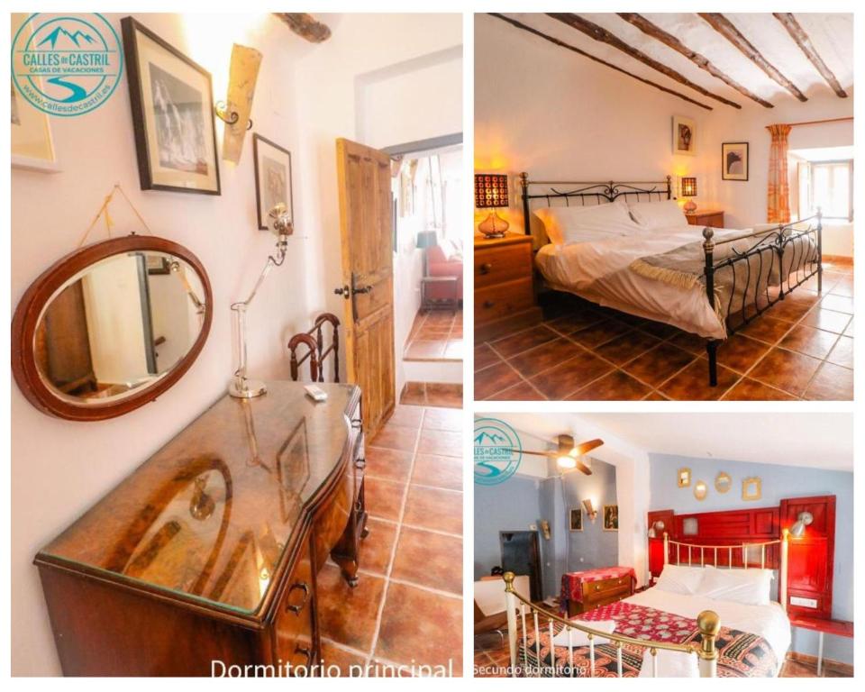 two pictures of a bedroom with a bed and a mirror at Calle Horno in Castril