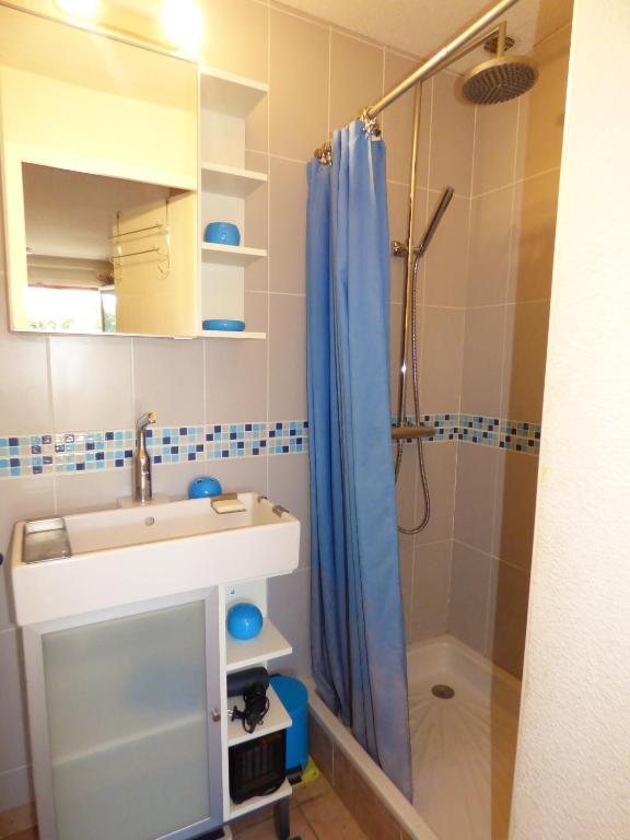 a bathroom with a sink and a shower at Les Jardins d&#39;Ulysse, Pavillon T3, terrasse &amp; parking, Narbonne Plage in Narbonne-Plage