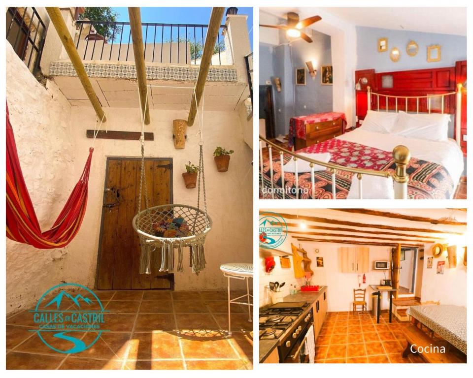 un collage de tres fotos de una habitación con cama y una habitación con en Calle Horno, en Castril