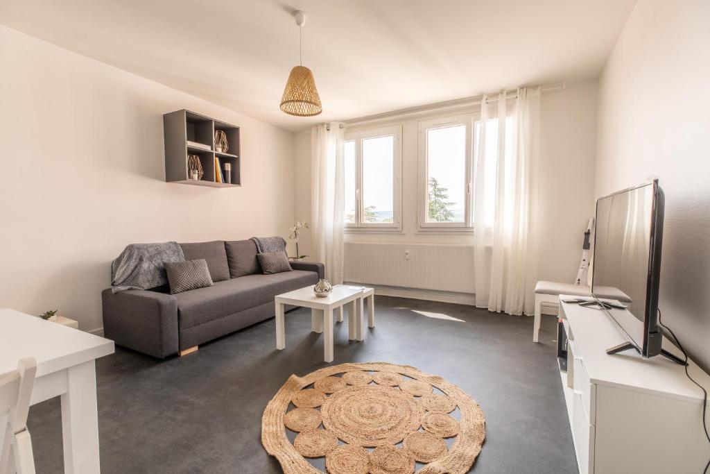 ein Wohnzimmer mit einem Sofa und einem TV in der Unterkunft Studio Ernest Chamalières Calme Parking Gratuit in Chamalières