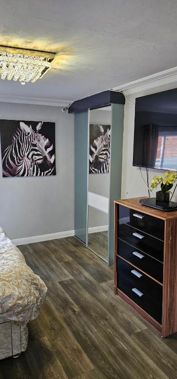 a bedroom with a bed and a dresser with a television at Oxford Road Apartment in Reading