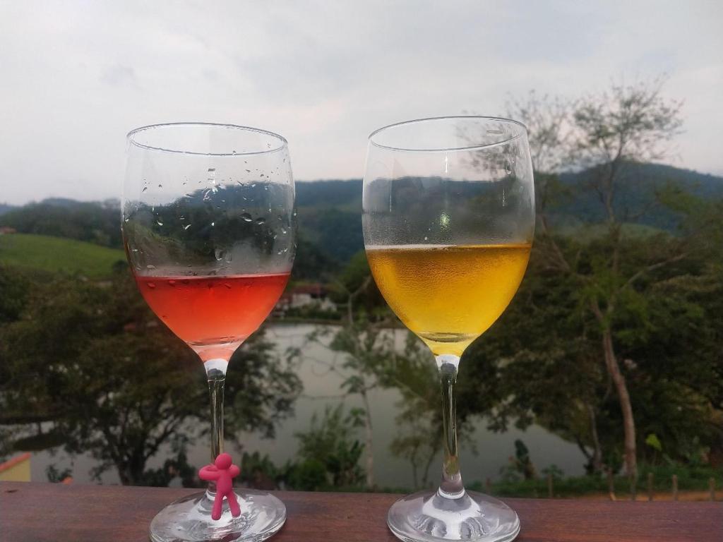 dos copas de vino sentadas sobre una mesa en Chalés Pedacinho do Céu entre Penedo e Visconde de Mauá, en Resende