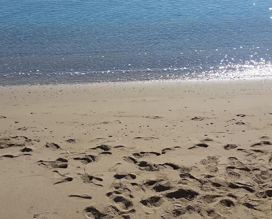 una playa con huellas en la arena y el agua en Villa Splash, en Boghaz