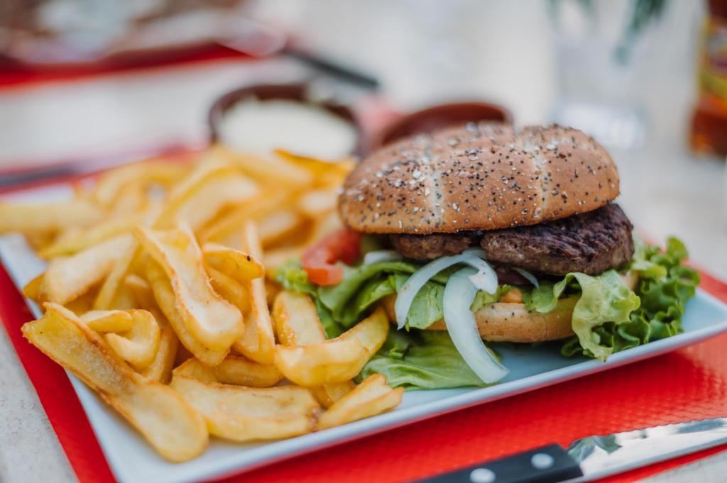 a plate with a hamburger and french fries on a red tray at Camping Sunêlia la Clémentine in Cendras