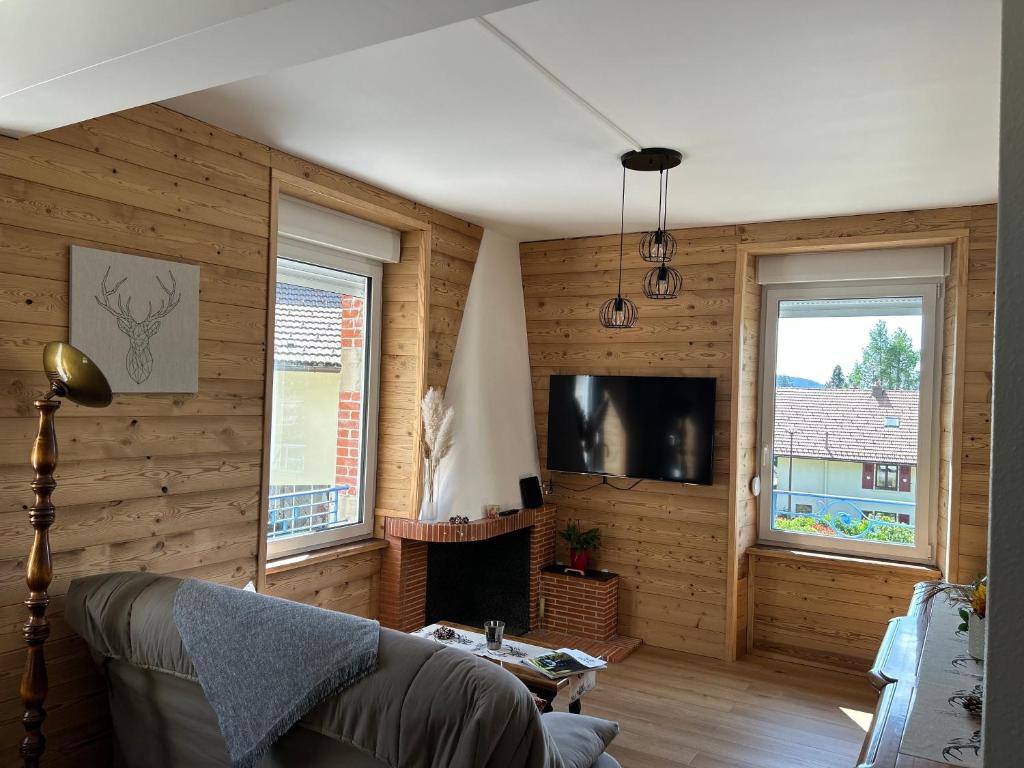 ein Wohnzimmer mit Holzwänden, einem Sofa und einem TV in der Unterkunft L'apparté de G, Gîte 3 étoiles de montagne cosy in Gérardmer
