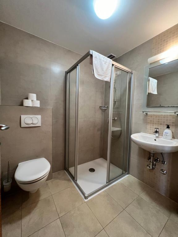 a bathroom with a shower and a toilet and a sink at Villa Gradina in Baška Voda