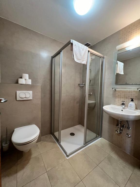 a bathroom with a shower and a toilet and a sink at Villa Gradina in Ba&scaron;ka Voda