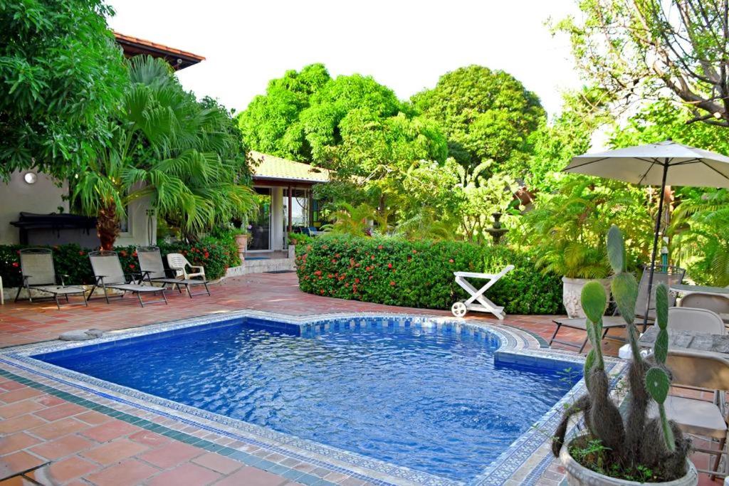 - une piscine avec un parasol dans la cour dans l'établissement El Canto del Mar, à Santa Marta