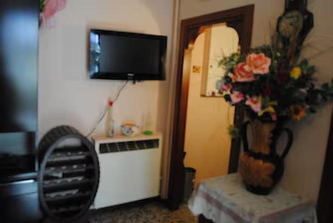 uma sala de estar com televisão e um vaso de flores em Casa Vacanze Micetta em Bolonha