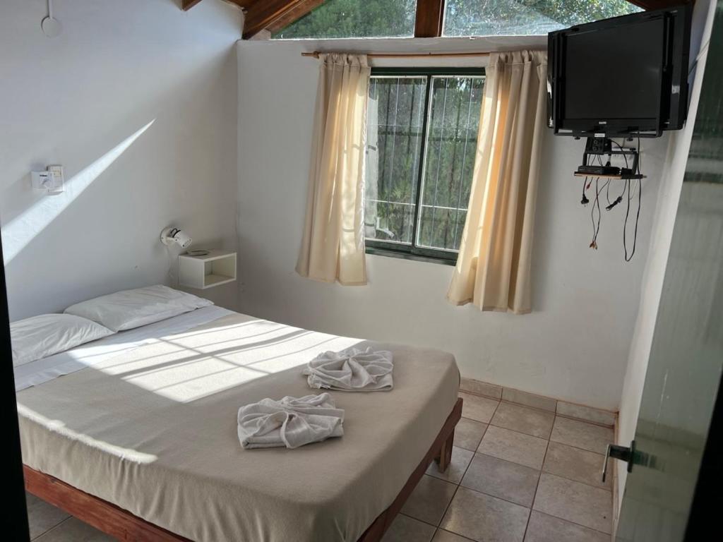 1 dormitorio con 1 cama, TV y ventana en Cabañas Los Cedros in 