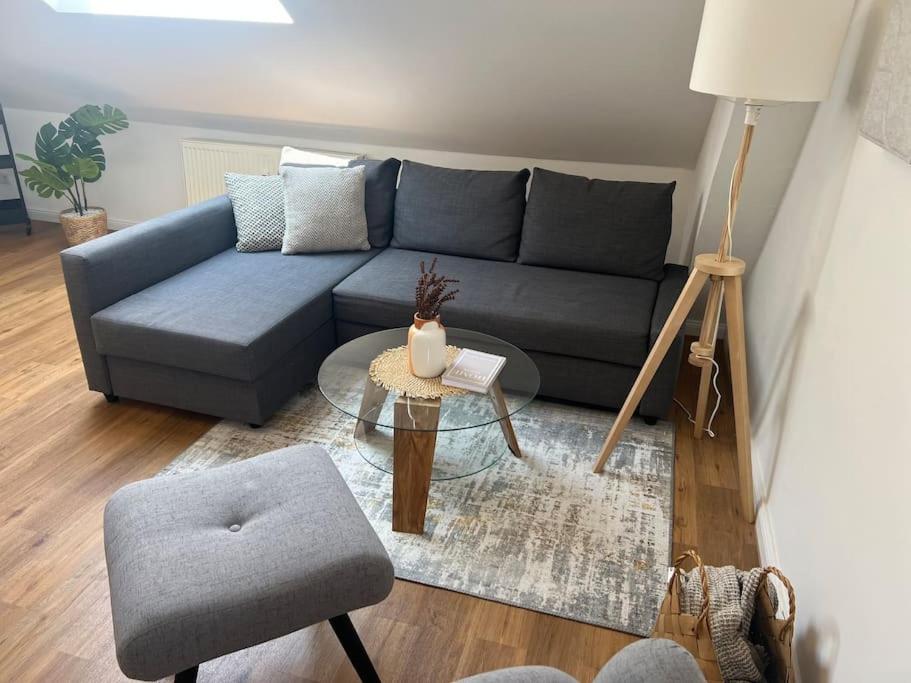 een woonkamer met een blauwe bank en een tafel bij DLC: exklusive Suite im Zentrum in Bad Pyrmont