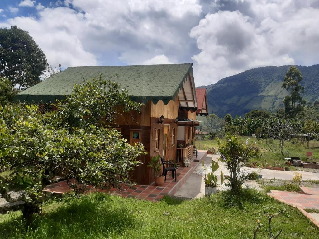 ein Haus mit grünem Dach mit Bergen im Hintergrund in der Unterkunft Cabañas Limón y Manzana en Finca Maracuba in Jardin