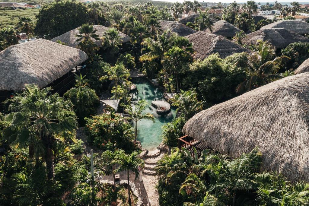 een luchtzicht op een resort met een zwembad en palmbomen bij Kontiki Beach Resort in Willemstad