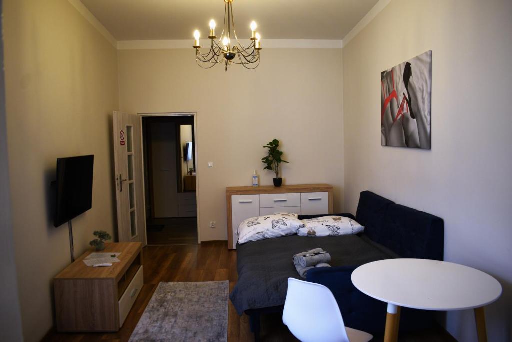 uma sala de estar com um sofá e uma mesa em Apartamenty Rynek K em Przemyśl