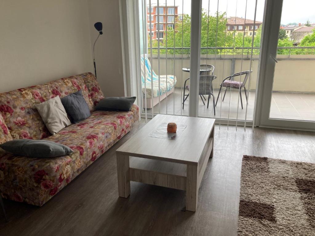 uma sala de estar com um sofá e uma mesa de centro em Apartmán EDITA - byt s terasou a parkovacím stáním, Topolová, Olomouc em Olomouc
