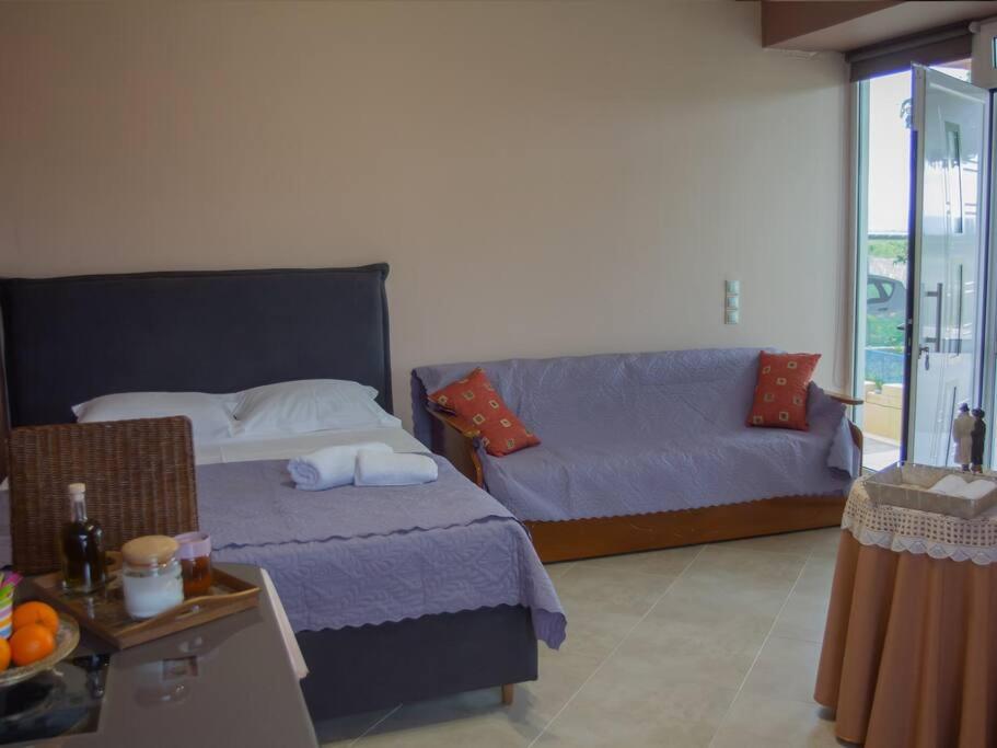 a bedroom with a bed and a couch and a table at Ktima Bavella Apartment Sophia 