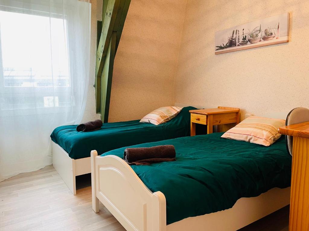 2 camas individuais num quarto com uma janela em Appart Cosy 2 chambres em Bruz