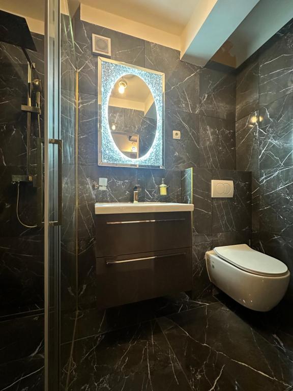 a bathroom with a toilet and a sink and a mirror at Apartment Tony 55m2 in Opatija