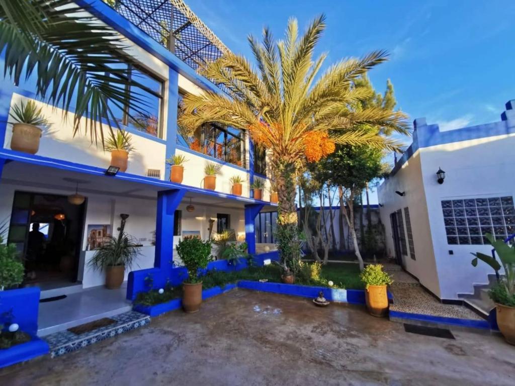 une maison aux murs bleus et aux palmiers dans l'établissement Riad Ghazal, à Essaouira
