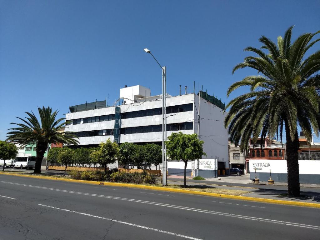 um edifício branco com palmeiras em frente a uma rua em Hotel Central em Ciudad Nezahualcóyotl