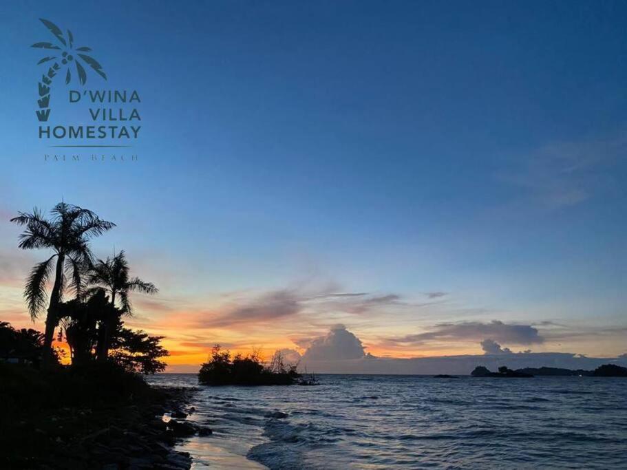 een zonsondergang op een strand met een palmboom bij D'Wina Villa Homestay in Papar