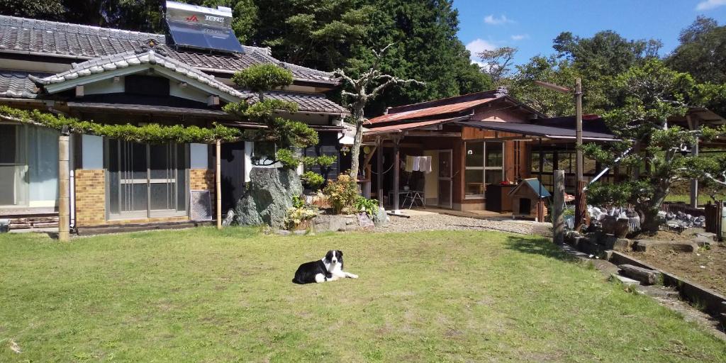 a dog laying on the grass in front of a house at ちびっこ・わんこ・リゾート　Ｓａｒａｒｉ　（里楽里） in Tabuchi