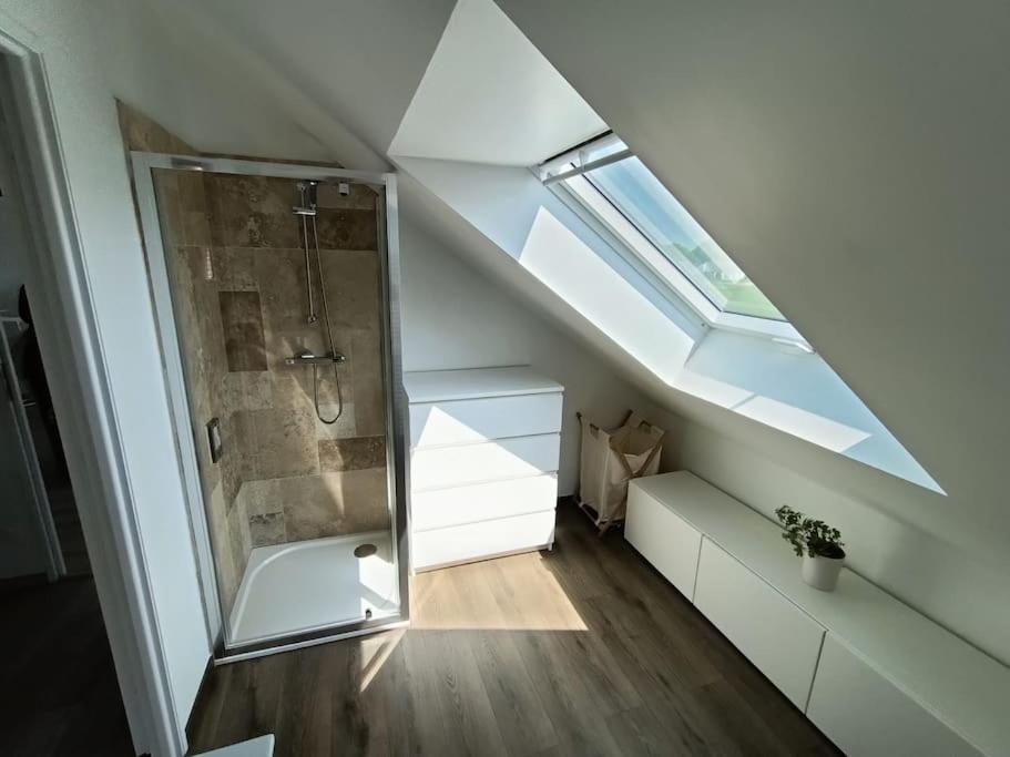 uma casa de banho no sótão com um chuveiro e uma clarabóia em L'écurie d'antan em Hautot-Saint-Sulpice