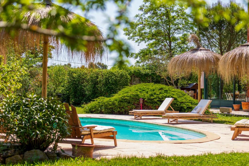 une piscine avec des chaises longues et une piscine dans l'établissement La Pampa en Provence - Maison de vacances, à Pontevès