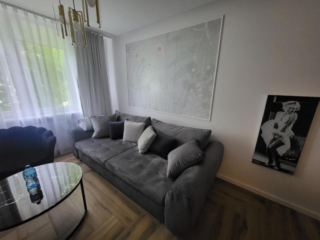 un soggiorno con divano e tavolo in vetro di Apartament Gold Centrum a Zabrze