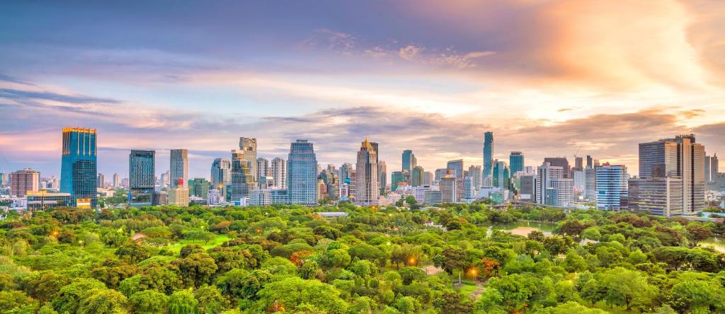 a cityscape with a park in front of a city at SO/ Bangkok in Bangkok