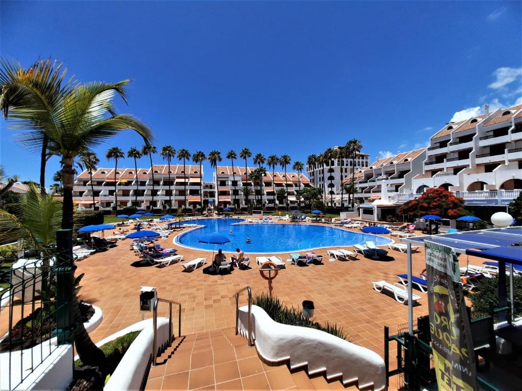 a large swimming pool with palm trees and buildings at ZioCarlo/Las Americas in Playa de las Americas