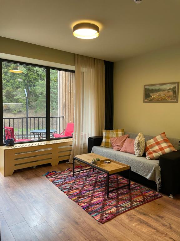 sala de estar con sofá y mesa en Cozy Apartment in Bakuriani, en Bakuriani