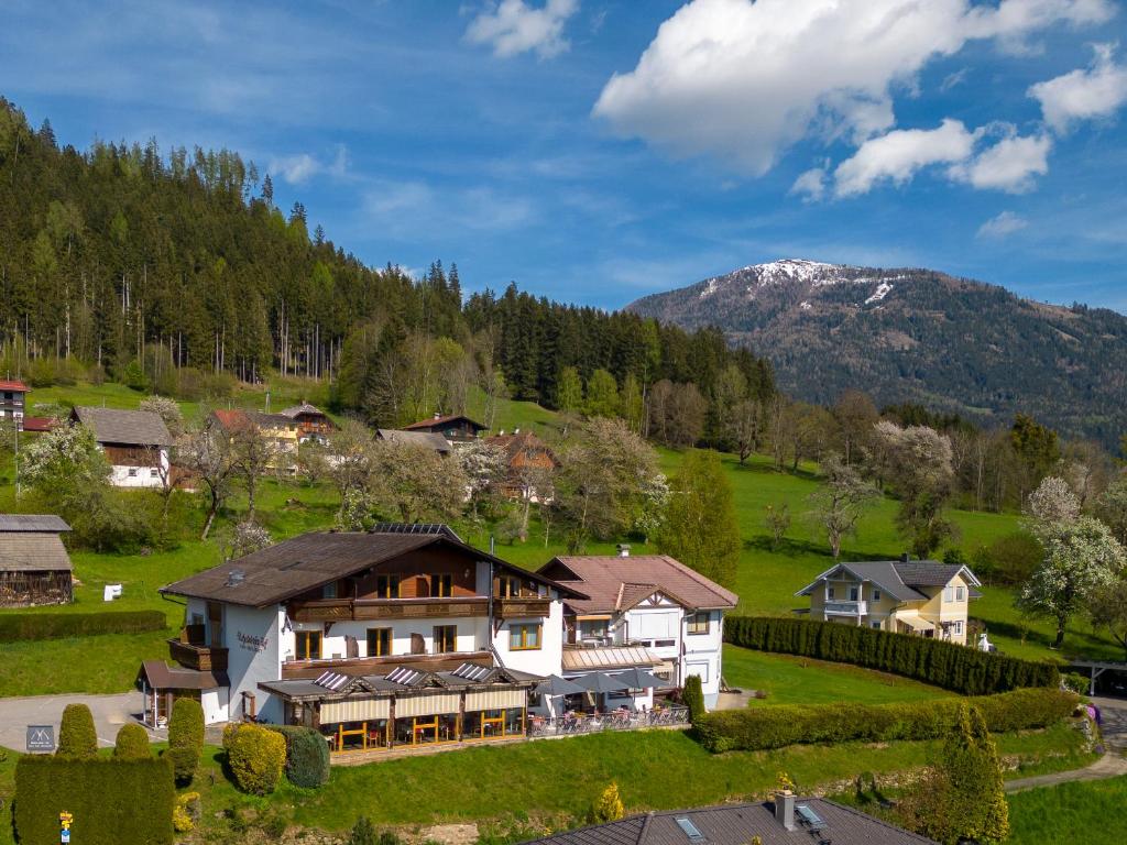 una casa en un campo con una montaña en el fondo en Hotel-Café-Restaurant Matzelsdorfer Hof en Millstatt